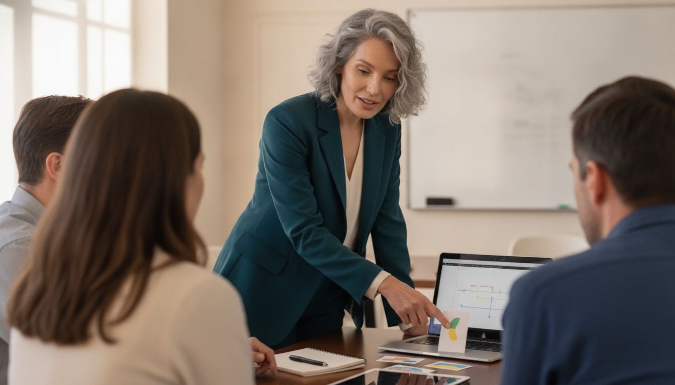 Karen Sartin guiding a small team through an AI workflow exercise