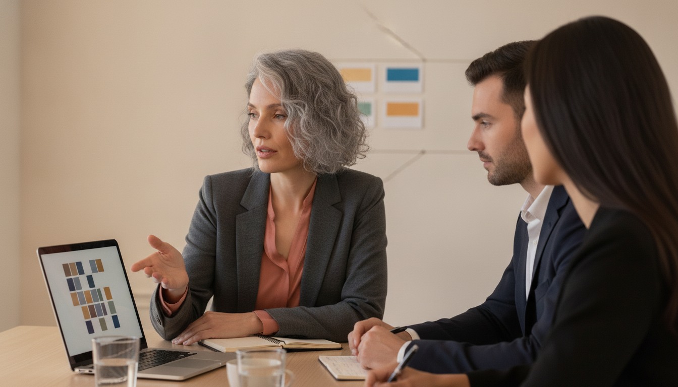 Karen Sartin reviewing an AI-assisted workflow with a small team