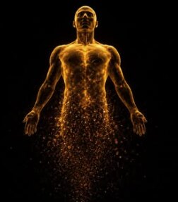 A human figure forged from golden light, rising as embers gather into form.